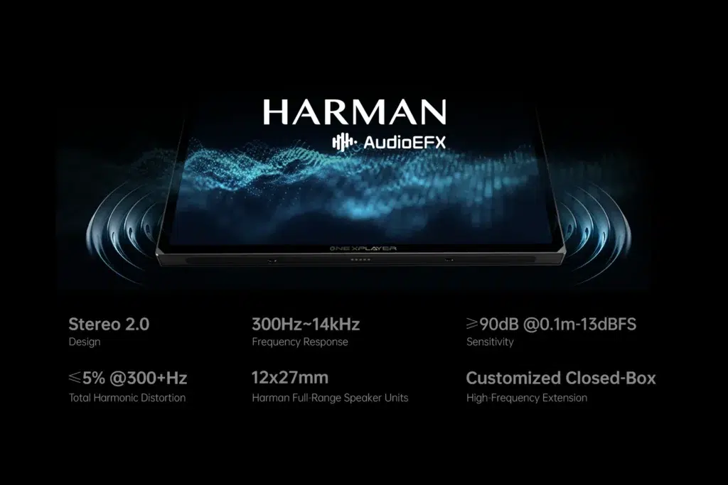 88 DROIX Global A Harman branded audio setup with AudioEFX technology The speaker specifications include a frequency response range of 300Hz to 14kHz with a sensitivity level of over 90dB The stereo 20 design has low total harmonic distortion <5 at 300+Hz and utilizes 12x27mm Harman full range speaker units for immersive sound quality in a customized closed box design