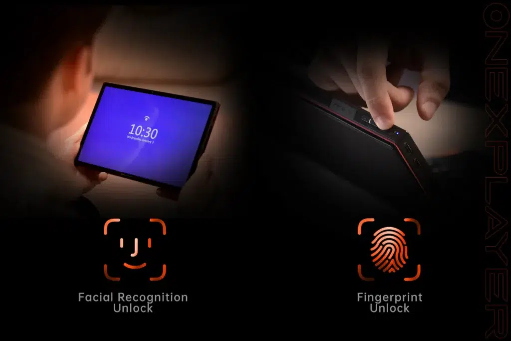 99 DROIX Global Close up images of a device's various ports and slots. The device includes dual USB-C 4.0 ports, a USB-A 3.2 port, a TF card slot, and a 3.5mm audio jack. An OCULink port is also visible, designed for high-speed data transfer. These ports are highlighted against a sleek, modern design with orange accents.