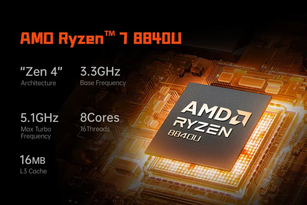 9bcb80881099d4e7c873889e06f9fa7fe DROIX Global An illustration of the AMD Ryzen 7 8840U processor specifications It shows details such as Zen 4 architecture 33GHz base frequency 51GHz max turbo frequency 8 cores 16 threads and 16MB L3 cache