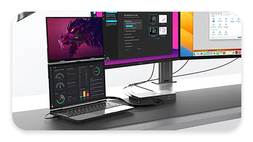 Dual Screen Laptop, The GPD Duo dual display laptop being used with a GPD G1 eGPU docking station to power multiple monitors.