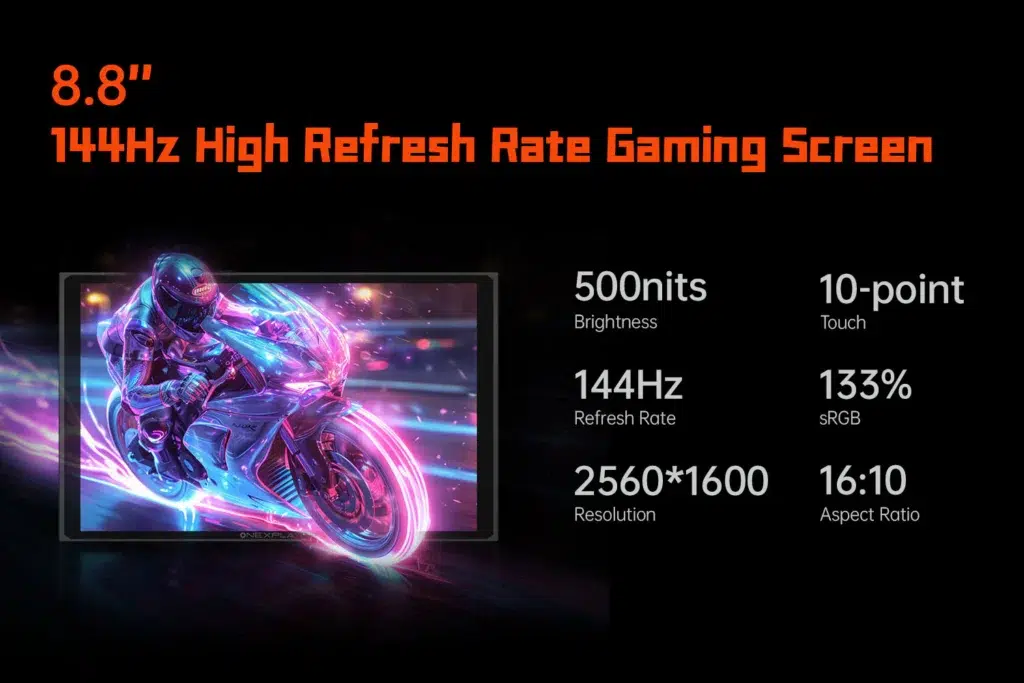 X1mini15003 DROIX Global 88 inch high refresh rate gaming screen specification featuring 500 nits brightness 144Hz refresh rate 2560x1600 resolution 133 sRGB color gamut 1610 aspect ratio and 10 point touch functionality with a vibrant motorcycle racing image displayed on the screen