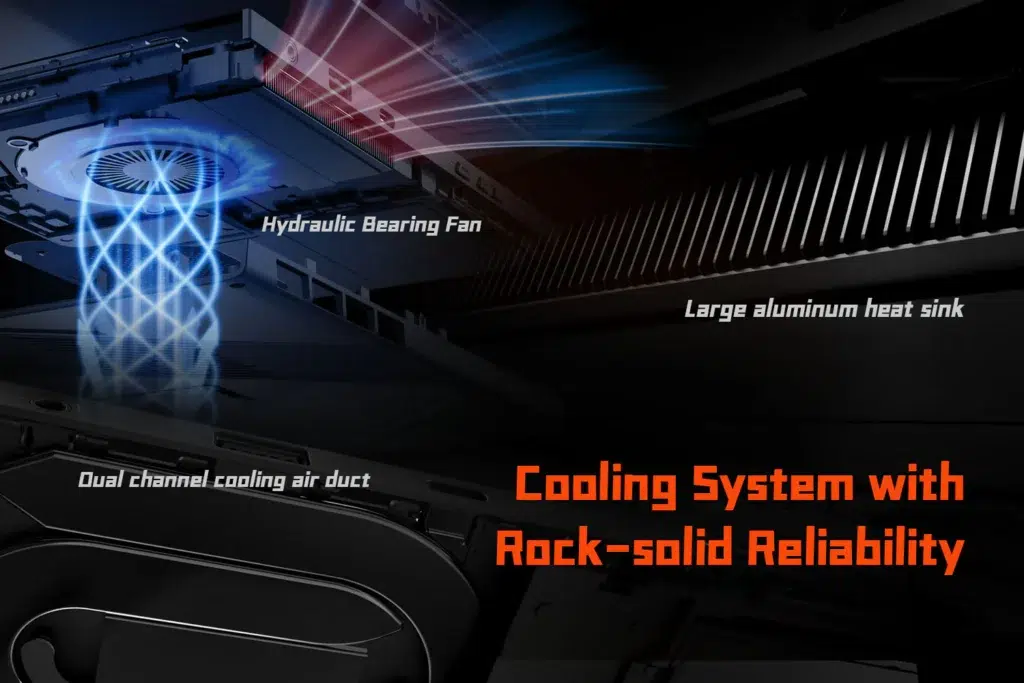 gempages522757109238989843057e0d23485546e092b843ee8a7e5be6 DROIX Global Illustration of the ONEXPLAYER X1 Mini's advanced cooling system featuring a hydraulic bearing fan, dual-channel cooling air duct, and a large aluminum heat sink for reliable and efficient thermal management