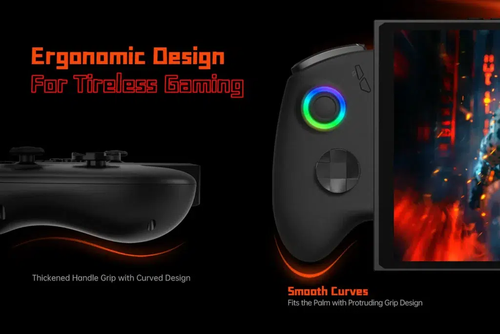 gempages52275710923898984318998101431f4abf83dfdac225ad8403 DROIX Global Detailed view of the ONEXPLAYER X1 Mini's ergonomic controller design with a thickened handle grip, smooth curves, and a protruding grip to fit comfortably in the palm, ensuring tireless gaming sessions