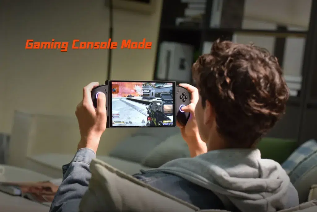 gempages5227571092389898431b02301d3ff14948815bd5315da9cb5e DROIX Global A user enjoying the ONEXPLAYER X1 Mini in gaming console mode while playing a first person shooter game emphasizing the console like experience in a portable form factor