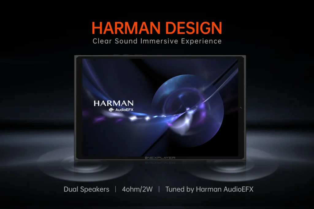 gempages52275710923898984334e563f68b174a0d8a9292f89f482f48 DROIX Global ONEXPLAYER X1 Mini's audio capabilities highlighted with dual speakers tuned by Harman AudioEFX, promising an immersive sound experience.