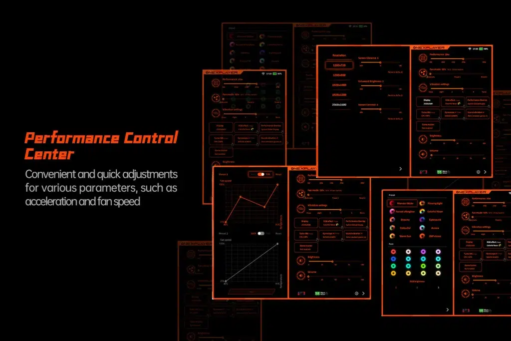 gempages522757109238989843868bb36c17e54781814e6de924da7826 DROIX Global A collage of interface screens from the Performance Control Center on the ONEXPLAYER X1 Mini demonstrating adjustable settings for fan speed resolution RGB lighting and performance presets