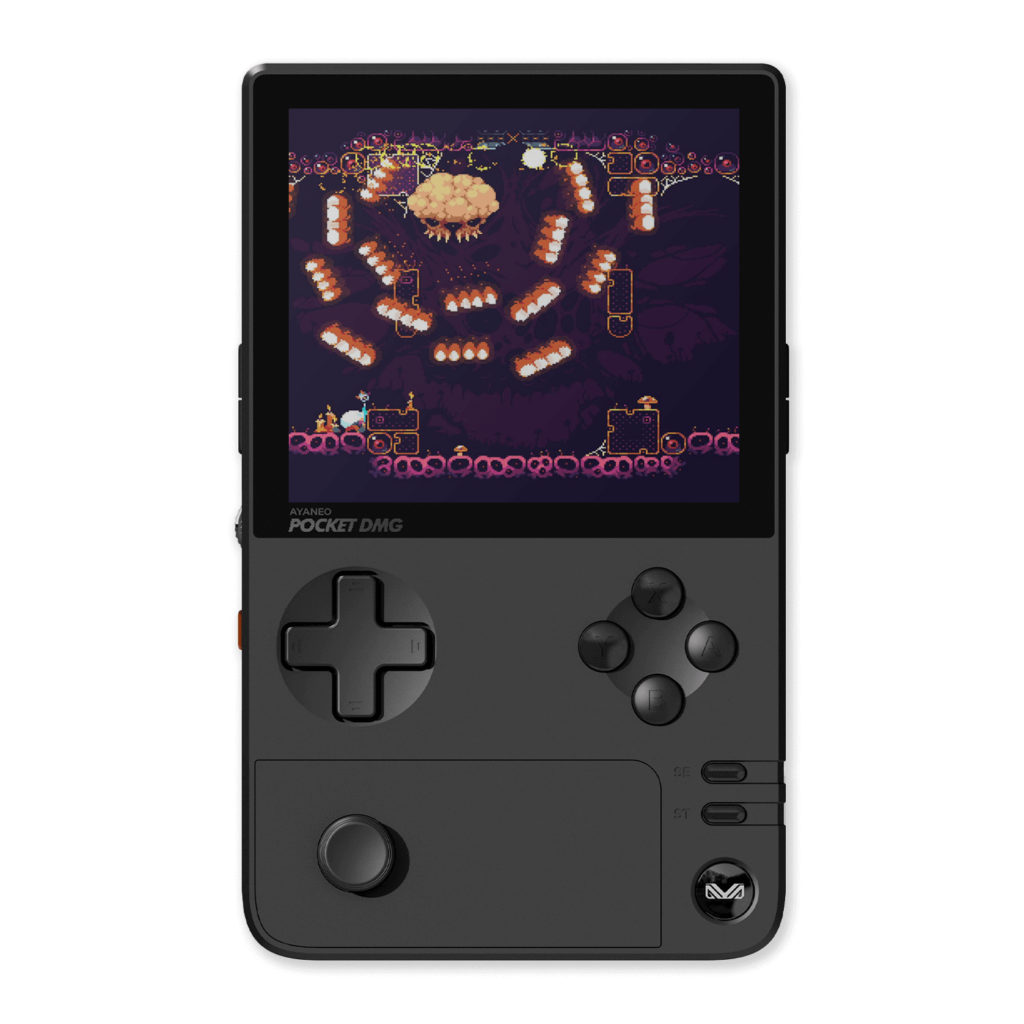 Front view of the AYANEO Pocket DMG in Arctic Black, showcasing its retro-inspired design with a 3.92-inch OLED display, D-pad, analog joystick, and buttons.