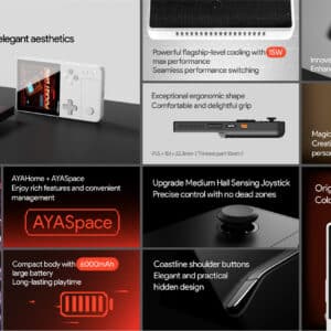 Collage med funktioner fra AYANEO Pocket DMG. Højdepunkterne omfatter retrodesign, 15W kølesystem, ergonomisk form, innovativt joystick og touchpad, MagicSwitch-hjultast, 3,92&quot; OLED-skærm, AYASpace-software, Qualcomm Snapdragon G3x Gen 2-platform, 6000 mAh batteri, Hall Sensing Joystick og coastline-skulderknapper. Billeder viser enheden i sorte og hvide farver og understreger dens kompakte størrelse og minimalistiske æstetik.