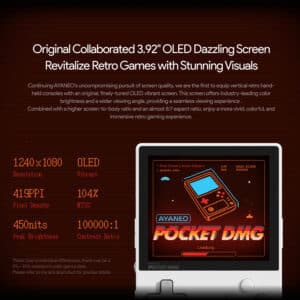 Obraz marketingowy dla AYANEO Pocket DMG prezentujący 3,92-calowy ekran OLED o rozdzielczości 1240x1080, 419 PPI, szczytowej jasności 450 nitów i współczynniku kontrastu 100000:1. Obraz zawiera grafikę urządzenia w stylu retro i podkreśla jego zdolność do ożywiania gier retro dzięki oszałamiającej grafice.