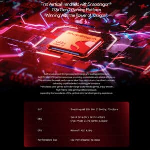 Immagine promozionale di AYANEO Pocket DMG con piattaforma da gioco Snapdragon G3x Gen 2. Sottolinea di essere il primo palmare verticale con questo processore, mostrando la sua architettura Octa-Core 1+4+3 con core Kryo Prime Ultra a 3,36GHz, GPU Adreno A32 a 816Hz e prestazioni di 15W.