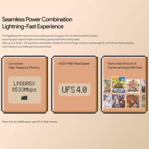 Infografik, der beskriver &quot;Seamless Power Combination&quot; i AYANEO Pocket DMG og fremhæver dens højhastighedshukommelse (LPDDR5X ved 8533 Mbps), hurtige lagerplads (UFS 4.0 med 4000+ MB/s læsehastighed) og store kapacitet til lagring af spil og apps. Der nævnes op til 16 GB RAM og 1 TB lagerplads.