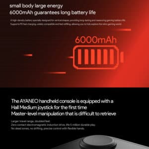 Markedsføringsbillede, der viser AYANEO Pocket DMG&#039;s 6000 mAh-batteri og fremhæver den lange batterilevetid og understøttelse af hurtig PD-opladning. Den nederste del introducerer Hall Medium-joysticket og fremhæver dets præcision, holdbarhed (5 millioner anvendelser) og forbedrede kontrolfunktioner.