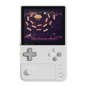 Vooraanzicht van de AYANEO Pocket DMG in Moon White, met de nadruk op de verticale handheld lay-out met een levendig 3,92-inch OLED-scherm, bedieningsknoppen en analoge joystick.