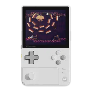 Front view of the AYANEO Pocket DMG in Moon White, highlighting its vertical handheld layout with a vibrant 3.92-inch OLED screen, control buttons, and analog joystick.