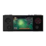 AYANEOPOCKETMICROMAGICBLACKDONE01 DROIX Global Front view of the AYANEO Pocket Micro in black showing a 35 inch screen displaying a colorful top down adventure game The device features a D pad on the left ABXY buttons on the right and two circular buttons below showcasing its retro inspired design