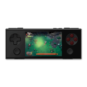 Vista frontal del AYANEO Pocket Micro en negro, mostrando una pantalla de 3,5 pulgadas que muestra un colorido juego de aventuras de arriba abajo. El dispositivo cuenta con un D-pad a la izquierda, botones ABXY a la derecha y dos botones circulares debajo, mostrando su diseño de inspiración retro.