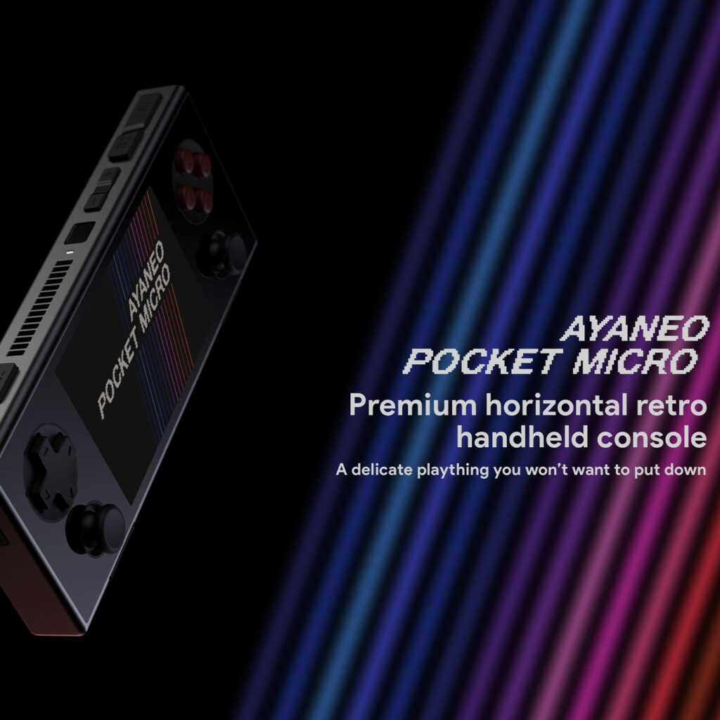 AYANEO Pocket Micro 1 Side view of the AYANEO Pocket Micro in black, showcasing its slim profile with buttons and vents visible. The screen displays colorful lines. Text on the right reads "AYANEO POCKET MICRO: Premium horizontal retro handheld console. A delicate plaything you won't want to put down."