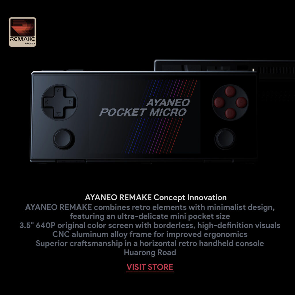AYANEOPOCKETMICROMARKETINGDONE02 DROIX Global Close up of the AYANEO Pocket Micro in black showing the D pad action buttons and screen with colorful lines Text at the bottom describes AYANEO REMAKE Concept Innovation highlighting features like the 35 640P screen CNC aluminum alloy frame and superior craftsmanship A REMAKE logo is visible in the top left corner