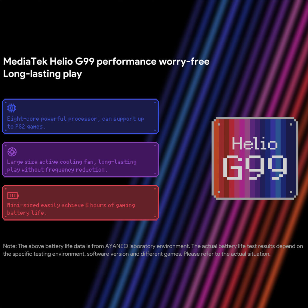 AYANEO Pocket Micro 4 A graphic showcasing the MediaTek Helio G99 processor in the AYANEO Pocket Micro. Text boxes highlight its eight-core processor capable of running PS2 games, active cooling for long play sessions, and up to 6 hours of battery life. The Helio G99 logo is prominently displayed against a colorful background.