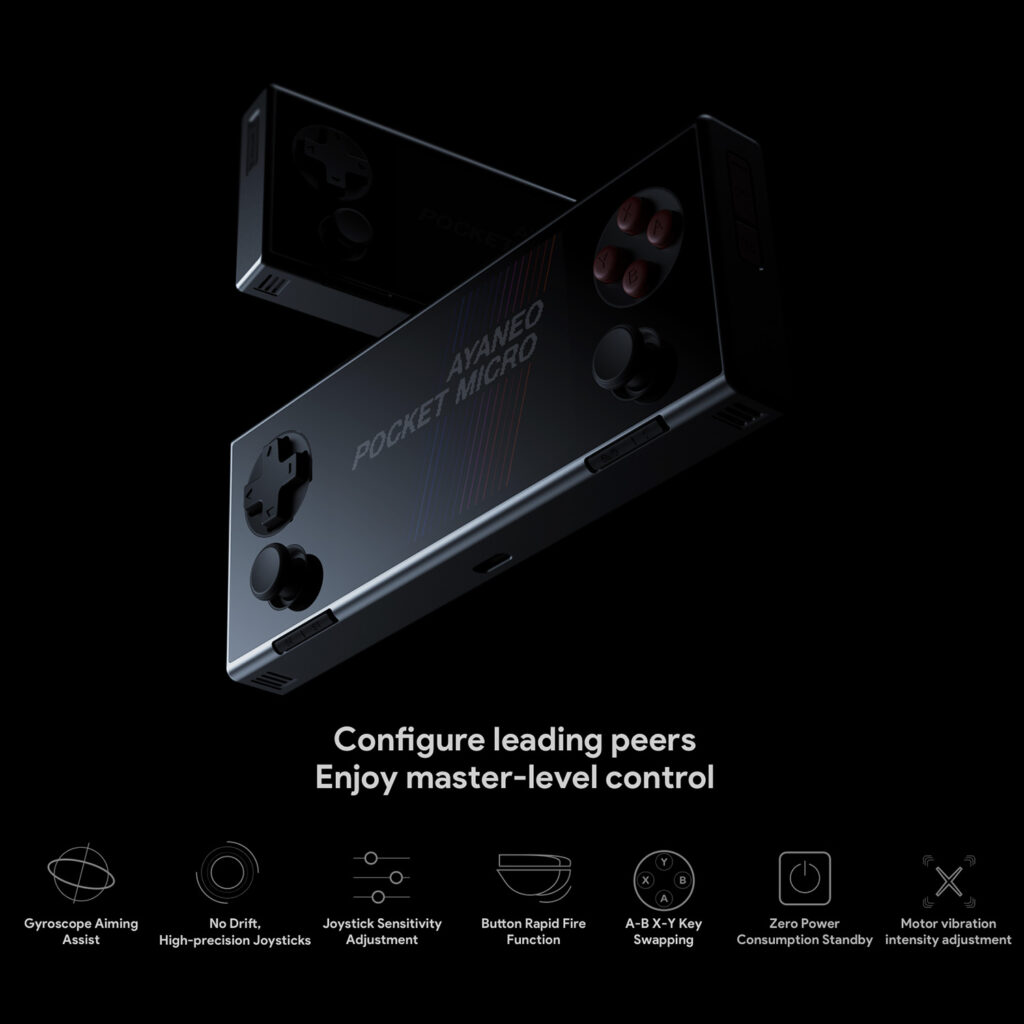 AYANEO Pocket Micro 7 A sleek black handheld gaming device called AYANEO Pocket Micro shown at an angle, highlighting its slim profile and button layout. Below are icons representing various features like gyroscope aiming, high-precision joysticks, and button customization options.