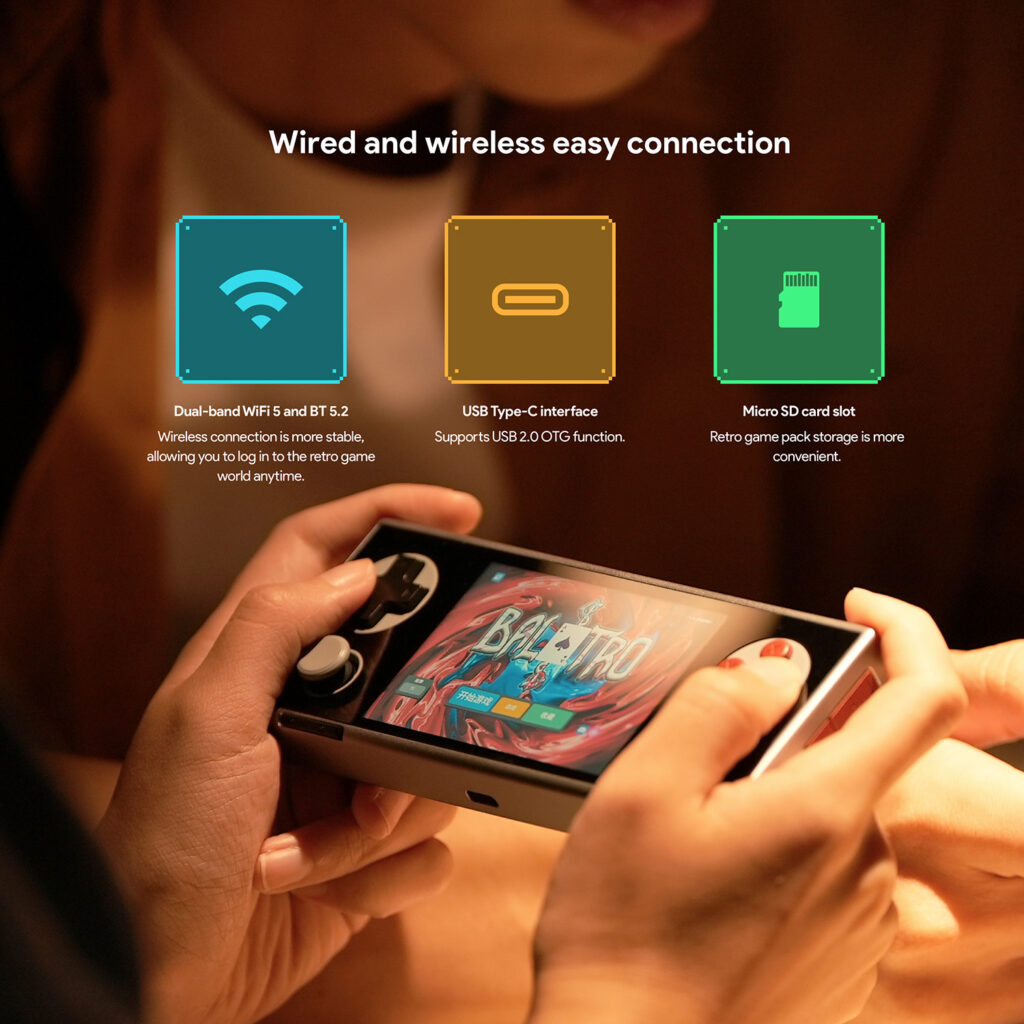 AYANEO Pocket Micro 6 Close-up of hands holding the AYANEO Pocket Micro, displaying the game "Balatro" on screen. Above, icons represent connectivity features: dual-band WiFi 5 and BT 5.2, USB Type-C interface, and Micro SD card slot, with brief descriptions of each feature's benefits.