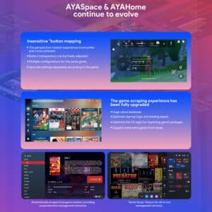 Infografik, die die Funktionen von AYASpace und AYAHome für das AYANEO Pocket Micro vorstellt. Sie zeigt Screenshots von unsensibler Tastenbelegung, Game Scraping Interface und Game Management Screens. Die Infografik hebt die verbesserte Tastenbelegung, die Aktualisierung der Spieldatenbank und die umfassende Verwaltung von Spielinhalten hervor.