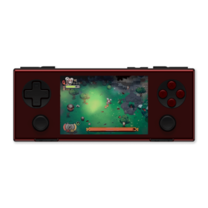 Vista frontal del AYANEO Pocket Micro en rojo (descrito como &quot;Soul Red&quot;), mostrando el mismo juego que la versión en negro. Esta imagen destaca la variedad de colores del dispositivo, manteniendo idéntica la distribución de los botones y la visualización de la pantalla.