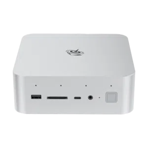 Front view of Beelink GTi14 Ultra mini PC. Silver square device with rounded edges. Visible ports include USB, SD card slot, USB-C, and audio jack. Beelink logo on top. Power button with LED indicator on the right side.