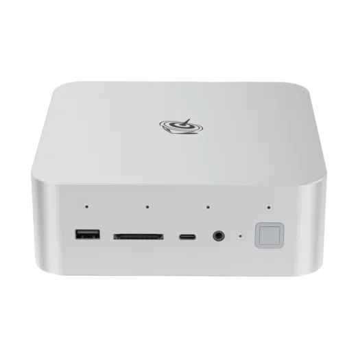 Front view of Beelink GTi14 Ultra mini PC Silver square device with rounded edges Visible ports include USB SD card slot USB C and audio jack Beelink logo on top Power button with LED indicator on the right side