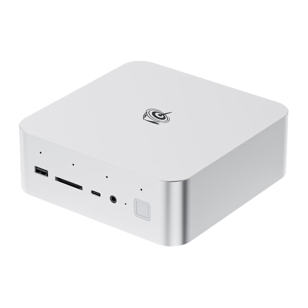 Beelink GTi14 1 Beelink GTi14 Ultra mini PC in silver. Compact square device with rounded edges. Front view shows USB, card reader, and audio ports. Side view displays the Beelink logo on top. Dimensions: 158 x 158 x 55.8mm.