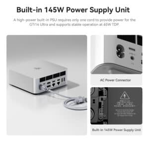 Infographic over de ingebouwde 145W voeding van de Beelink GTi14 Ultra. De hoofdafbeelding toont het apparaat aangesloten op een netsnoer. Twee inzet afbeeldingen tonen de AC Power Connector en specificaties van de ingebouwde PSU. Tekst legt uit dat de high-power PSU slechts één snoer nodig heeft en een stabiele werking op 65W TDP ondersteunt.