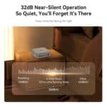 32dB Near-Silent Operation infographic. Shows a Beelink GTi14 Ultra mini PC on a bedside table in a dimly lit room. A sound level chart compares its 32dB(A) noise level to breathing (10dB(A)) and office noise (45dB(A)). Text emphasizes quiet operation for nighttime tranquility.