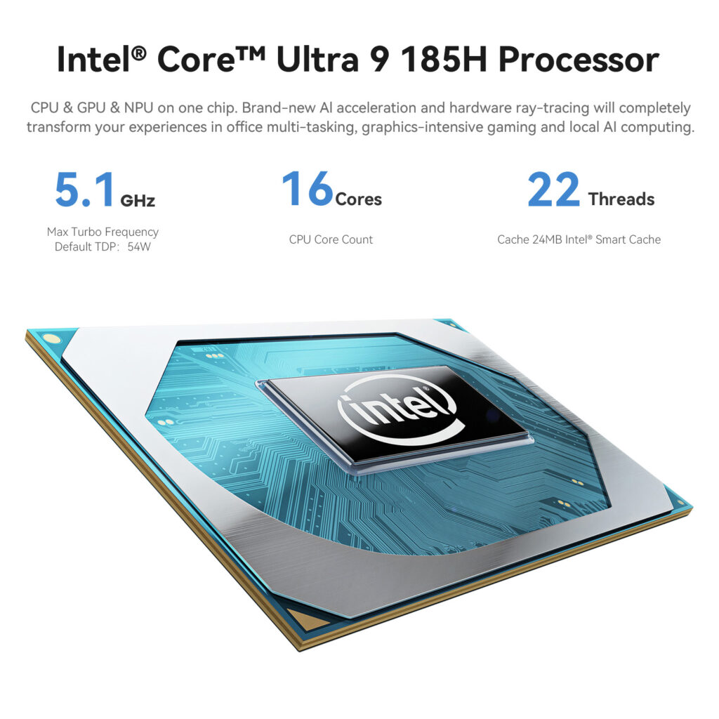 Beelink GTi14 2 Infographic showcasing Intel Core Ultra 9 185H Processor. Features 5.1 GHz max turbo frequency, 16 cores, and 22 threads. Image of the processor chip with Intel logo. Text highlights CPU, GPU, and NPU on one chip for AI acceleration and hardware ray-tracing.