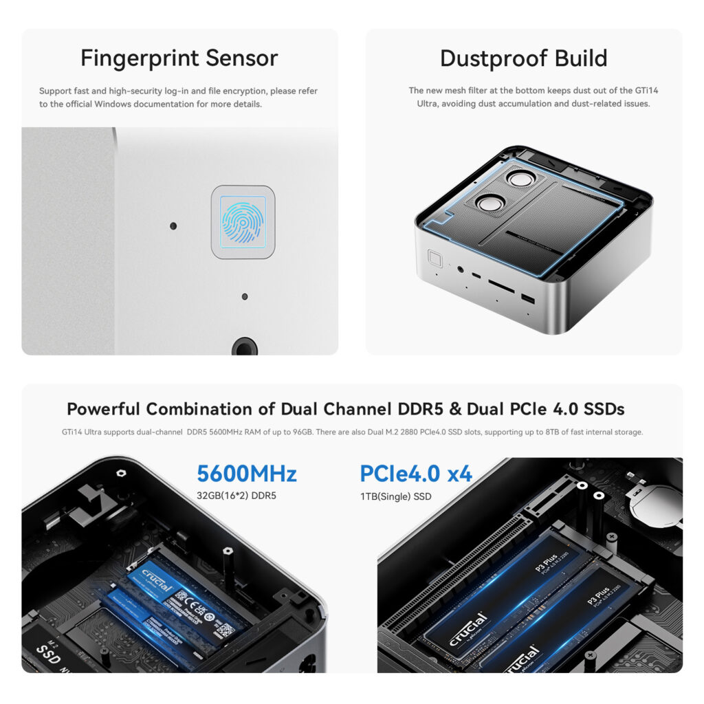 Beelink GTi14 5 Dual image showcasing Fingerprint Sensor and Dustproof Build of GTi14 Ultra. Left: Close-up of fingerprint sensor. Right: Cutaway view of device showing mesh filter at bottom. Text describes fast, secure login and dust prevention features.