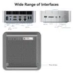 Wide Range of Interfaces diagram for Beelink GTi14 Ultra Front and rear views show labeled ports including Thunderbolt 4 HDMI USB LAN audio jack SD card slot and fingerprint sensor Bottom view highlights PCIe X8 Slot for expandability