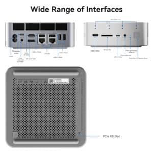 Breed scala aan interfaces schema voor Beelink GTi14 Ultra. Voor- en achteraanzichten tonen gelabelde poorten waaronder Thunderbolt 4, HDMI, USB, LAN, audio-aansluiting, SD-kaartsleuf en vingerafdruksensor. Onderaanzicht benadrukt PCIe X8-sleuf voor uitbreidingsmogelijkheden