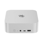 The Beelink SER8 mini PC in silver is a compact, square device with rounded corners. The front panel features a power button, USB ports, and an audio jack. The side view highlights its sleek metal casing. The logo is prominently displayed on the top surface. The product measures approximately 135mm x 135mm x 50mm.