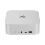 The Beelink SER8 mini PC in silver is a compact square device with rounded corners The front panel features a power button USB ports and an audio jack The side view highlights its sleek metal casing The logo is prominently displayed on the top surface The product measures approximately 135mm x 135mm x 50mm