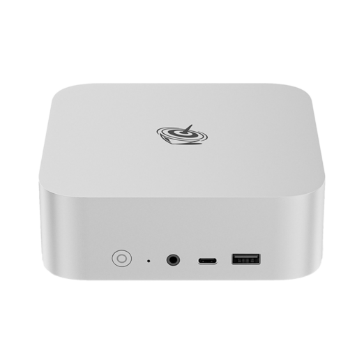 The Beelink SER8 mini PC in silver is a compact square device with rounded corners The front panel features a power button USB ports and an audio jack The side view highlights its sleek metal casing The logo is prominently displayed on the top surface The product measures approximately 135mm x 135mm x 50mm