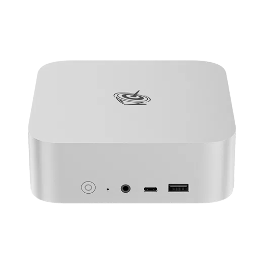 The Beelink SER8 mini PC in silver is a compact square device with rounded corners The front panel features a power button USB ports and an audio jack The side view highlights its sleek metal casing The logo is prominently displayed on the top surface The product measures approximately 135mm x 135mm x 50mm