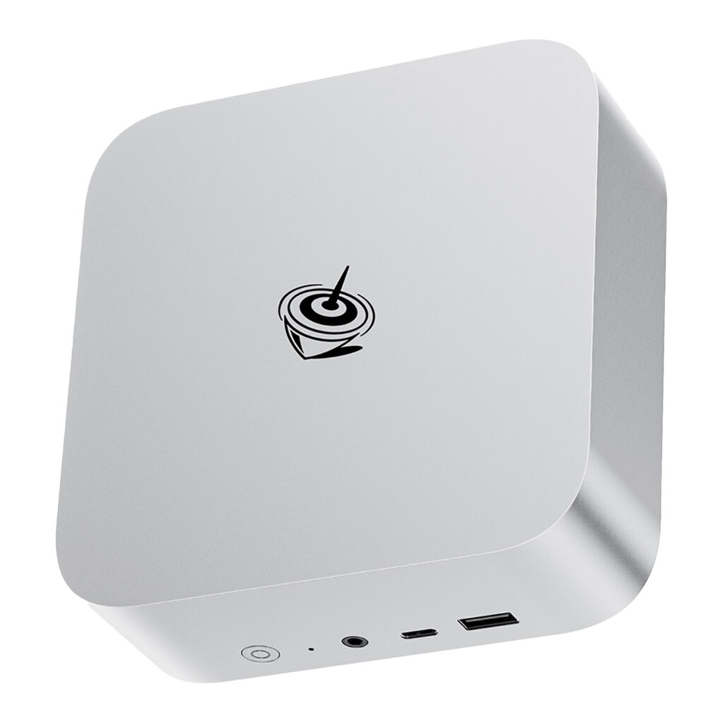 This Beelink SER8 mini PC in silver is a small square device with rounded corners The front panel shows off a power button USB ports and an audio jack The sleek metal casing is evident from the side view The top surface features the logo The product dimensions are about 135mm x 135mm x 50mm