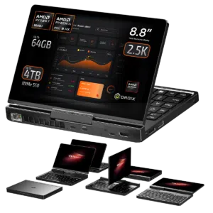 Front view of the GPD Pocket 4 highlighting its 8.8-inch 2.5K touchscreen display. Powered by AMD Ryzen 7 8840U or AMD Ryzen AI Pro 9 HX, with options for up to 64GB RAM and up to 4TB NVMe SSD. Showcases modular design and multiple configurations for productivity and portability.