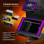 The GPD Pocket 4 with modular attachments for professional use including KVM memory card reader 4G LTE and RS 232 modules Displaying a high resolution screen with coding and server management tools in use