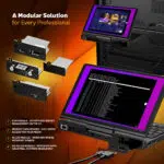 The GPD Pocket 4 with modular attachments for professional use including KVM memory card reader 4G LTE and RS 232 modules Displaying a high resolution screen with coding and server management tools in use