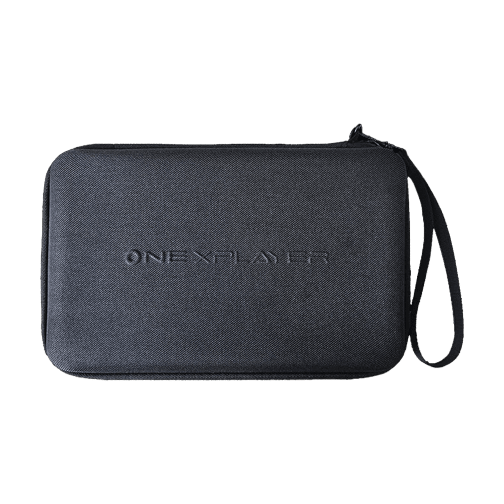 Funda de transporte protectora de color negro para el dispositivo de juego portátil ONEXPLAYER . La funda tiene un exterior texturizado con el logotipo de ONEXPLAYER en relieve en la parte delantera. Cuenta con un cierre de cremallera y una correa de muñeca para facilitar su transporte.