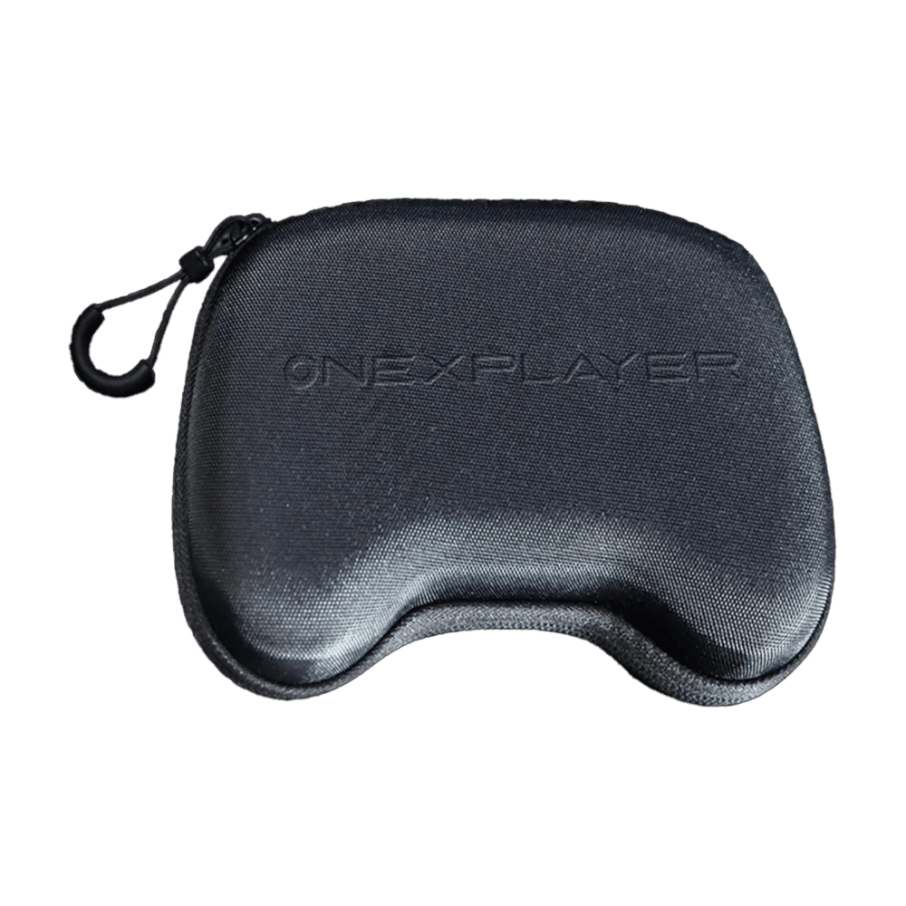 A sleek black gaming controller case is depicted with its lid open, showcasing a dark gray ONEXPLAYER controller nestled inside. The controller boasts glowing analog sticks, a directional pad, and an array of buttons. The case features a zippered closure and a padded interior for enhanced protection.