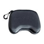 A sleek black gaming controller case is depicted with its lid open, showcasing a dark gray ONEXPLAYER controller nestled inside. The controller boasts glowing analog sticks, a directional pad, and an array of buttons. The case features a zippered closure and a padded interior for enhanced protection.