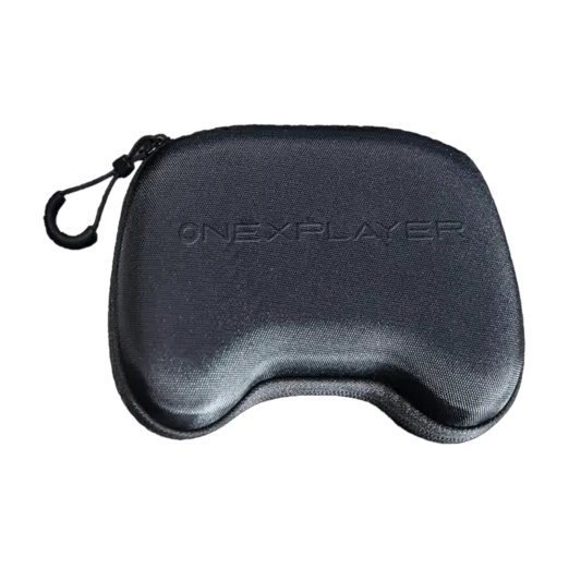A sleek black gaming controller case is depicted with its lid open showcasing a dark gray ONEXPLAYER controller nestled inside The controller boasts glowing analog sticks a directional pad and an array of buttons The case features a zippered closure and a padded interior for enhanced protection