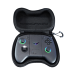 A black protective case for a gaming controller is shown open, revealing a dark gray ONEXPLAYER controller inside. The controller features illuminated analog sticks, a d-pad, and various buttons. The case has a zipper closure and appears padded for protection.