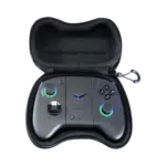 A black protective case for a gaming controller is shown open revealing a dark gray ONEXPLAYER controller inside The controller features illuminated analog sticks a d pad and various buttons The case has a zipper closure and appears padded for protection
